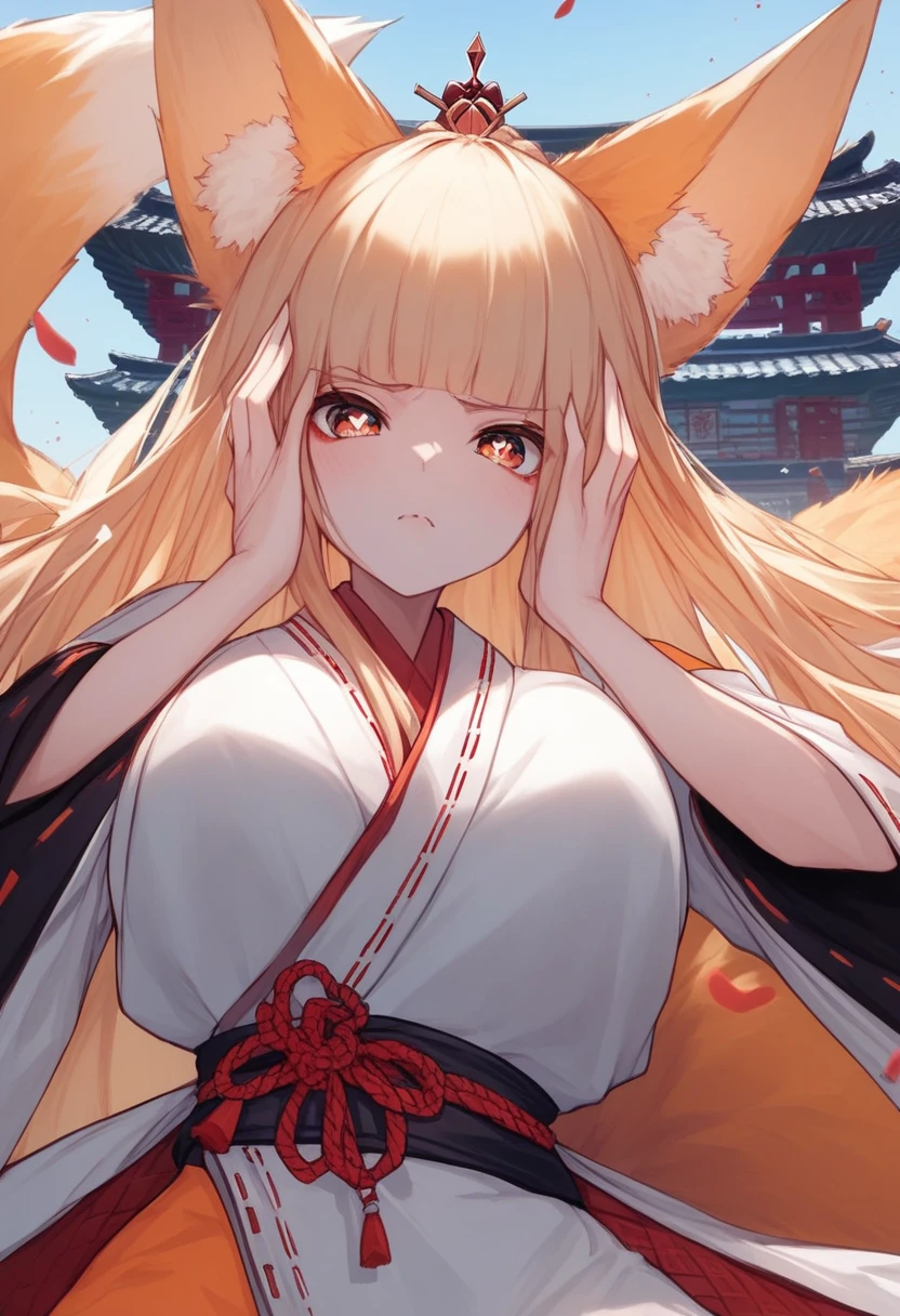 1 beautifull kitsune queen, hands behind, hairs covering ears,blonde hairs, french braid, hair hide ear, hime cut, very long hair, heart-shaped pupils, animal ears,european face, fox ears,"long orange fox ears with black tips", covering ears, kemonomimi mode,tail emanating(9 tails fox),huge tits, large hips,((fully clothed)),miku clothes, anatomically correct, traditional temple, facing viewer,action pose