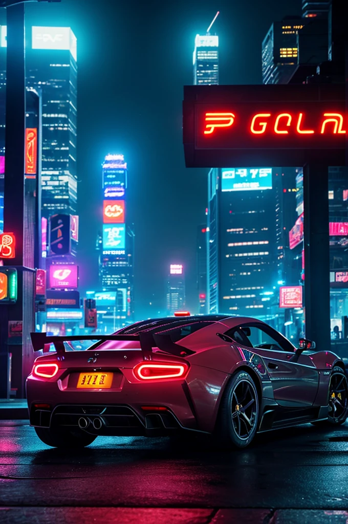 "Fast sports car drifting around a bend. The background is a futuristic city at night with neon lights and tall skyscrapers. There are reflections of lights on the street and smoke rising from under the wheels. The art style should be dynamic and neon, with intense colors and contrasts, conveying the energy and atmosphere of night driving. A slightly dystopian, cyberpunk atmosphere"