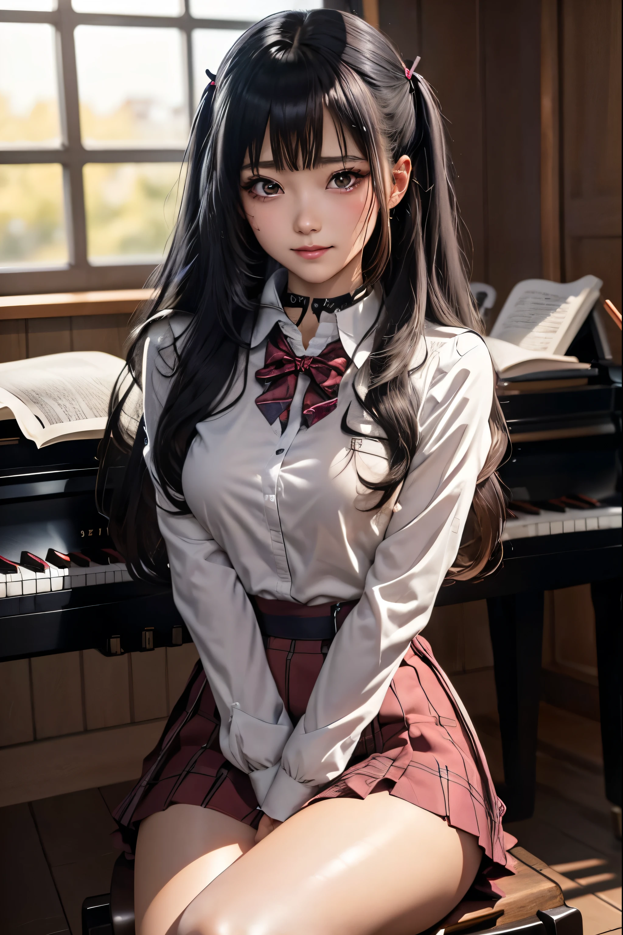 high school girlブレザー、high school girl、Red Check Skirt、JK Style、Jacket、smile、garter、Knee socks、Panty stocking、Otherworldly beauty、Extraordinarily cute、boredom、unusual beauty、Black dark eyeshadow、Sadness、Good skin glow、Long Hair Straight Hair、Dark Gothic Makeup、Dark smile、Beautiful woman、Stained Glass Background、On the table、Best Quality、5 reference books、Sweat glistens on my chest、Sweat glistens on my face、Thigh sweat、sweating、Black frills East size Regular size、Dark pink hair、Age 22 years old、Sweat sticks to my thighy thighs sweat a lot and get sticky.、Thighs are sticky and shiny、Sweating on thighs and chest、Chest size: S、Slightly slim、Full body sweating、play piano、sit and play an instrument、The legs are thin、