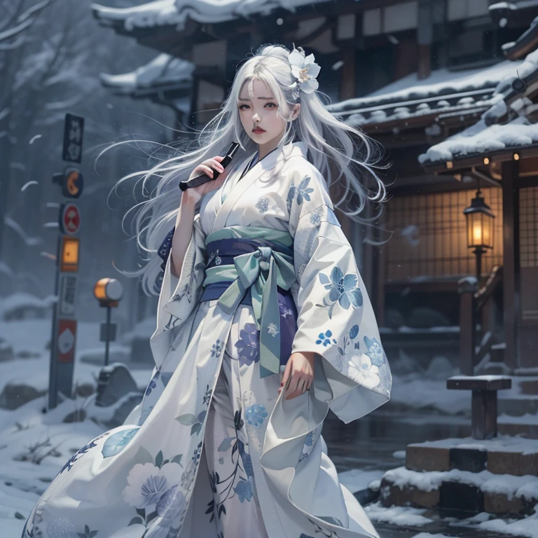 (Award-winning masterpiece, Very detailed, Texture and maximum detail), (Surreal:1.4), (stunningly anatomically perfect and beautiful style:1.9), (Translucent white skin and the highest quality realistic texture:1.8), (Yuki-onna who appears in Japanese folk tales:1.6), (Accurate perfect circle, Symmetrical pitch black eyes), (detailed and breathtakingly beautiful face:1.6), (Aesthetic and decadent atmosphere:1.7), (A calm white old Japanese kimono that covers the whole body、It's broken in places, Elegant and delicate pattern:1.8), (Pale skin, but white skin and face:1.6), (beautiful, Shiny windblown hair:1.8), (The Hyogo-mage of a courtesan:0.6), (Decadent attire, Carefully crafted accessories:1.8), (Fallen Beauty:1.6), (Pitch black eyes that seem to shine strongly from within:1.7), (Less exposed skin), (Strong moonlight shines from above:1.7), ((Dramatic Photos)), ((Cinematic light)), (look up), (Looking down), (Dramatic Pose), (Smoke effects and mesmerizing lights:1.4), (Bamboo forest behind:0.3), Amida Hall in the back, Vermilion torii gate(fog:1.3), Wind effects, Swirling Snow, Winter Storm, wind and rain, (fogが漂う:1.3), Snowstorm Ice Field, A quiet snowy field illuminated by moonlight, Midnight in a snowy town, (Dark Night, Full moon night, Crescent Moon Night), Spectacular and realistic, Faded, ((Neutral Tones)), art, (High resolution:1.5), (Calm colors:1.2), Very detailed, (artstation:1.5), Cinematic, Warm Light, Light effects, Dramatic Light, (Intricate details:1.1), Complex background, (Greg Rutkowski:0.8), (blue green and orange:0.4)