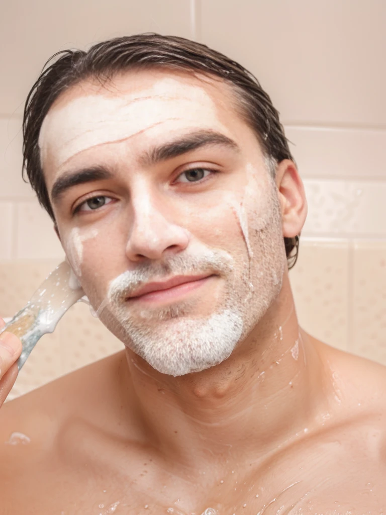 a man washing his face, soap foam on face, male skincare routine, realistic, 8k, high quality, detailed, photorealistic, studio lighting, highly detailed skin texture, pores, facial hair, water droplets, steam, bathroom interior, minimalist decor, warm lighting, natural skin tones, clean, fresh, serene, calming