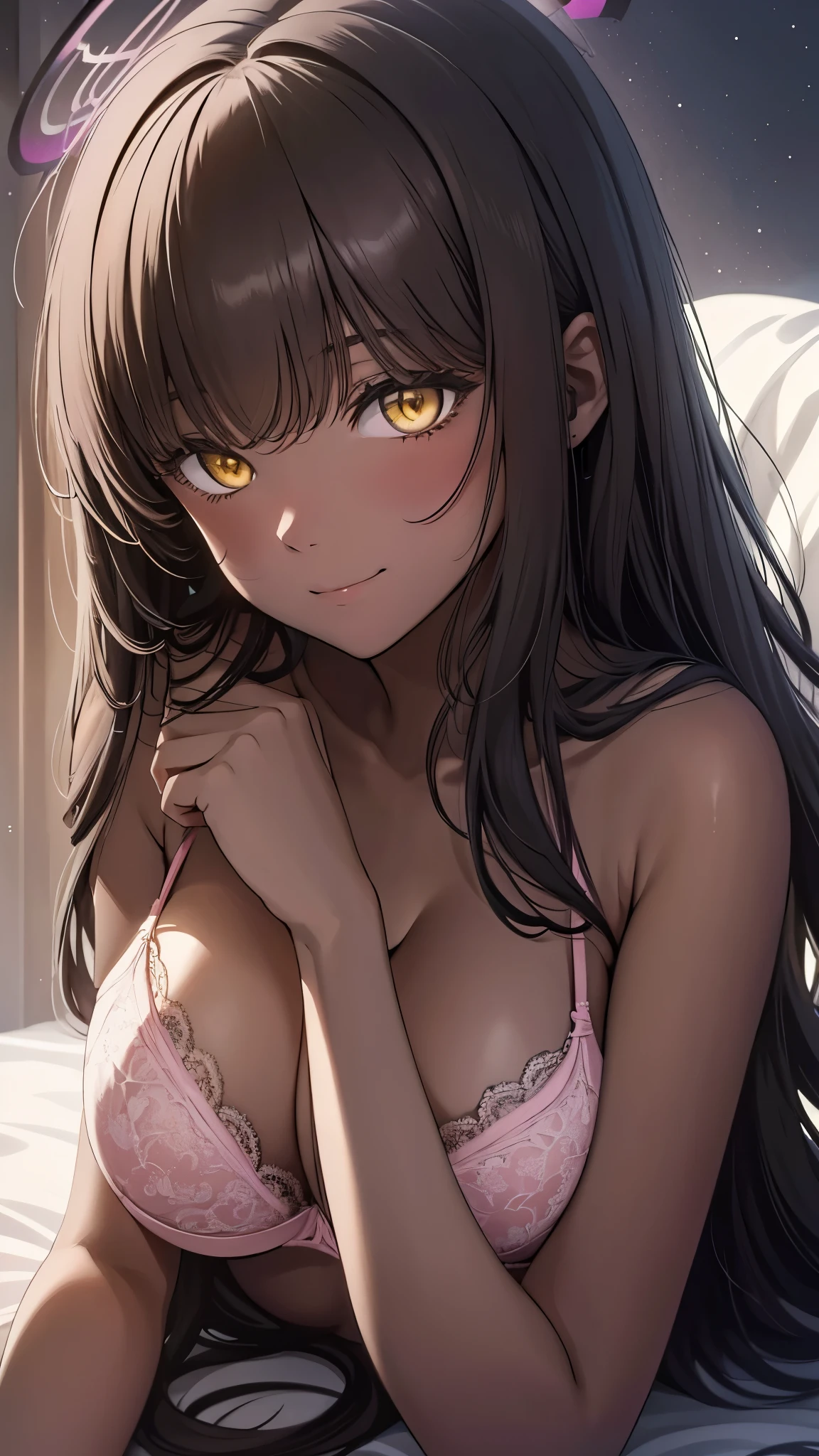 Masterpiece, best quality, UHD night backround, long black hair, halo, bangs, yellow eyes, (( pink bra )), big tits, blushing, little smile, face close-up, lying down, soft lighting, night, midnight