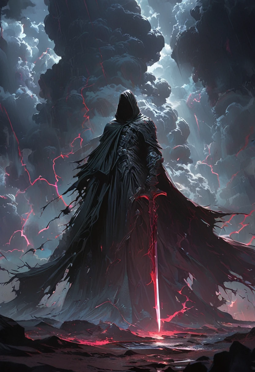 (masterpiece, best quality:1.2), Death in the Storm,cloak,Holding a long red knife,moonlight,heavily clouded,Thunder and lightning, Dark fantasy illustration style , Dark Arts, High contrast, Dark Shadows, Atmospheric perspective, Melancholic colors, Thin Film Component, Volumetric Lighting, number, Brushstrokes, Dramatic Lighting, Low angle shot, Surrealism, Very detailed, Surrealism