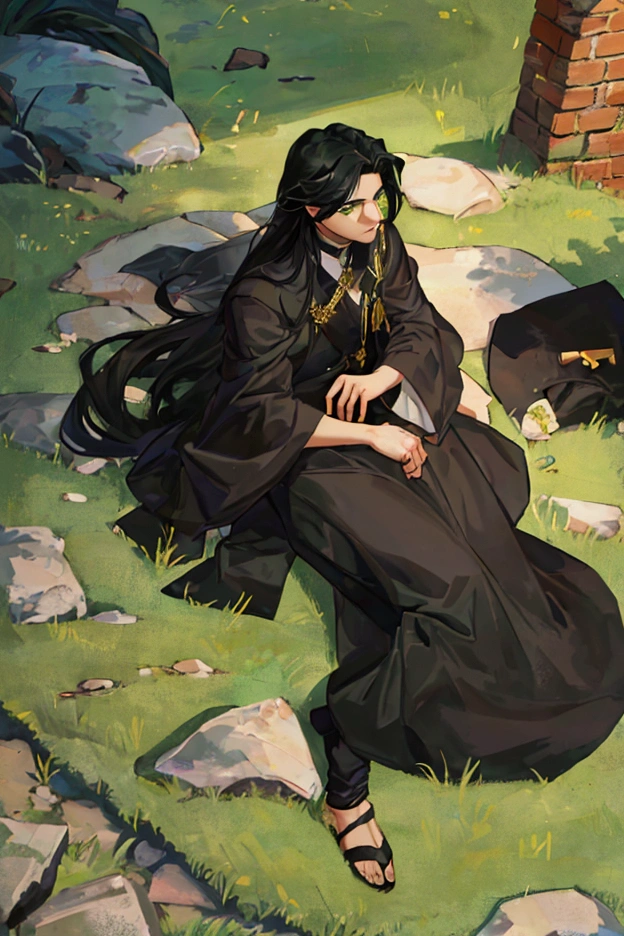 A guy with long black hair looks up at the sky with his green eyes