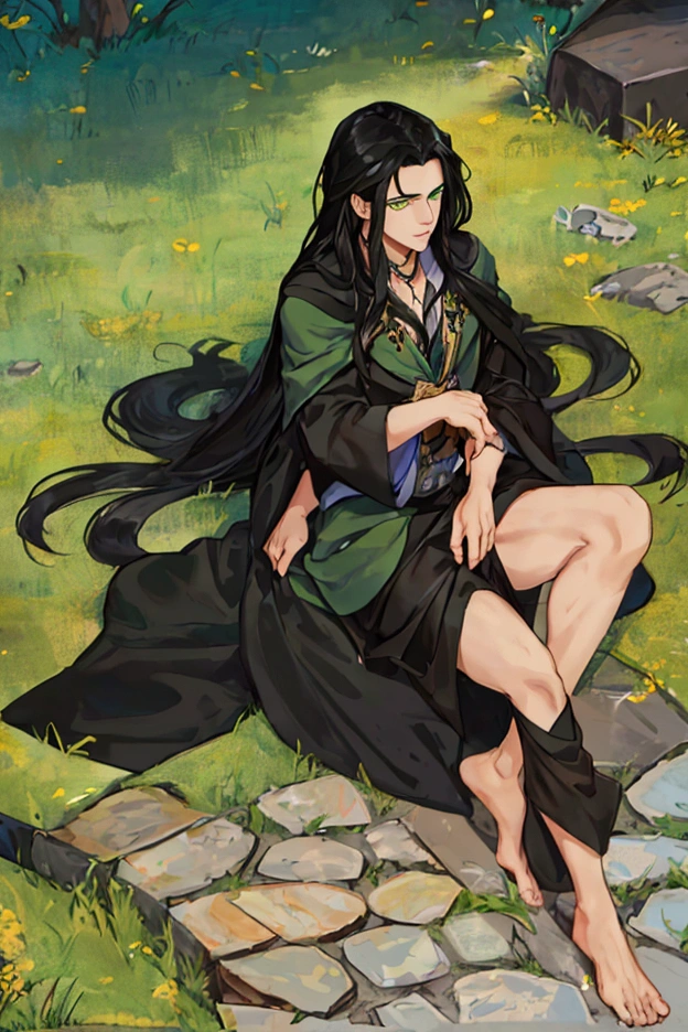 A guy with long black hair looks up at the sky with his green eyes