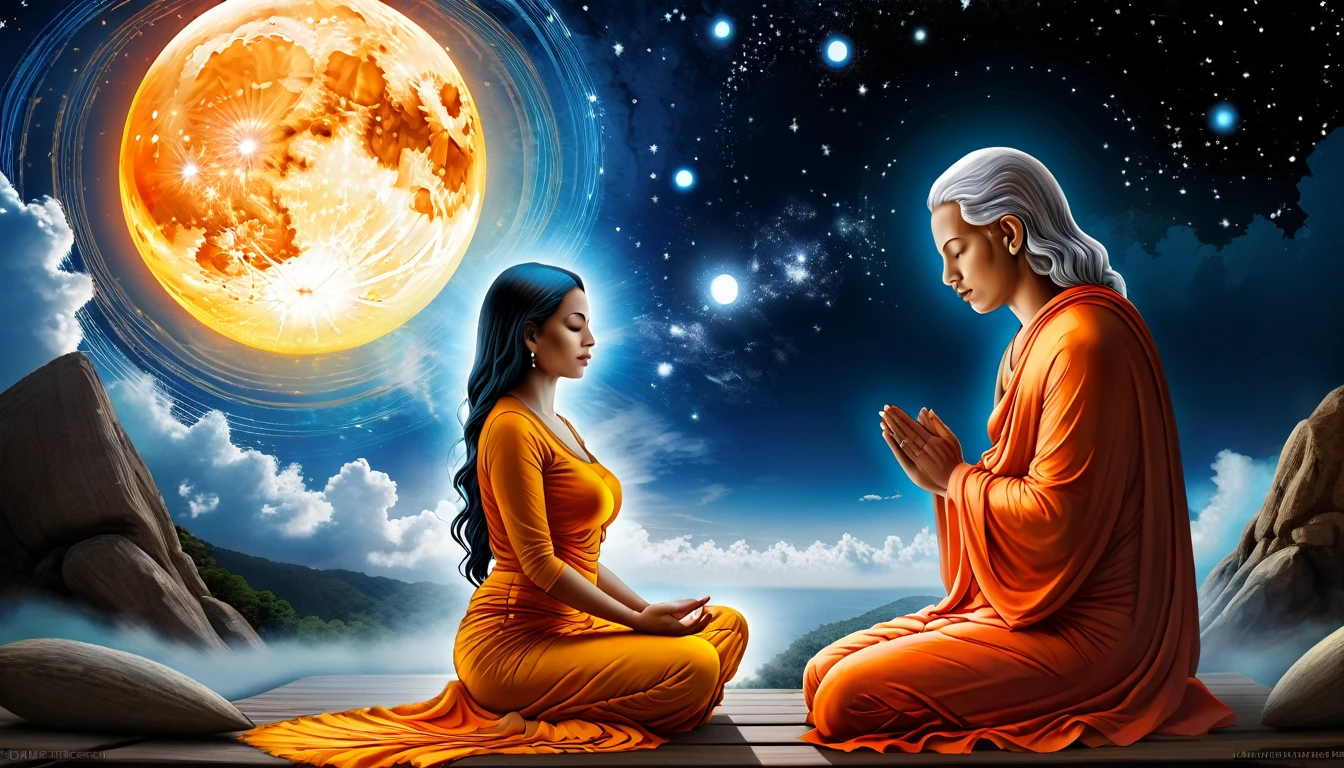 Create a woodcut style image digital art surreal art that depicts a mystical figure with divine characteristics, a, symbolizing control and harmony with the universe. Use a vibrant color palette, including blue, oranges and whites, to create heavenly contrast and a stunning visual effect,the figure can do meditation,you can pray,pode fazer tudo o que engloba a Espiritualidade,Espiritualidade