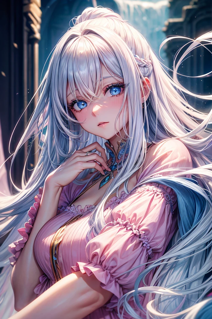 A beautiful woman with long white hair, gorgeous blue eyes, Ultra HD (ultra detail) looking at the viewer wearing a pretty pink dress with a neckline, high resolution, soft focus, using magic