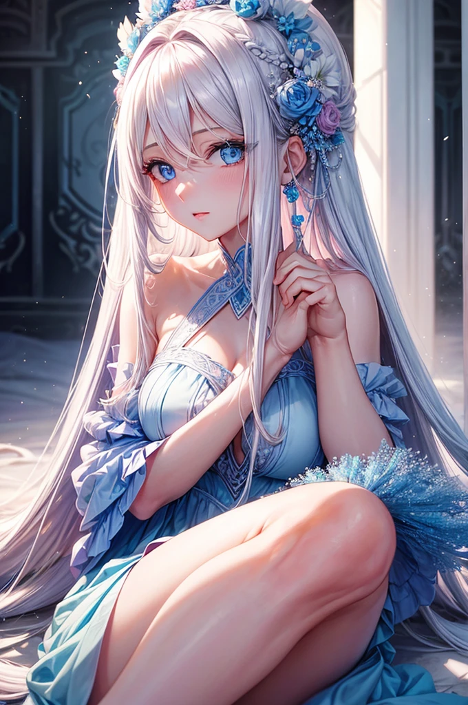 A beautiful woman with long white hair, gorgeous blue eyes, Ultra HD (ultra detail) looking at the viewer wearing a pretty pink dress with a neckline, high resolution, soft focus, using magic