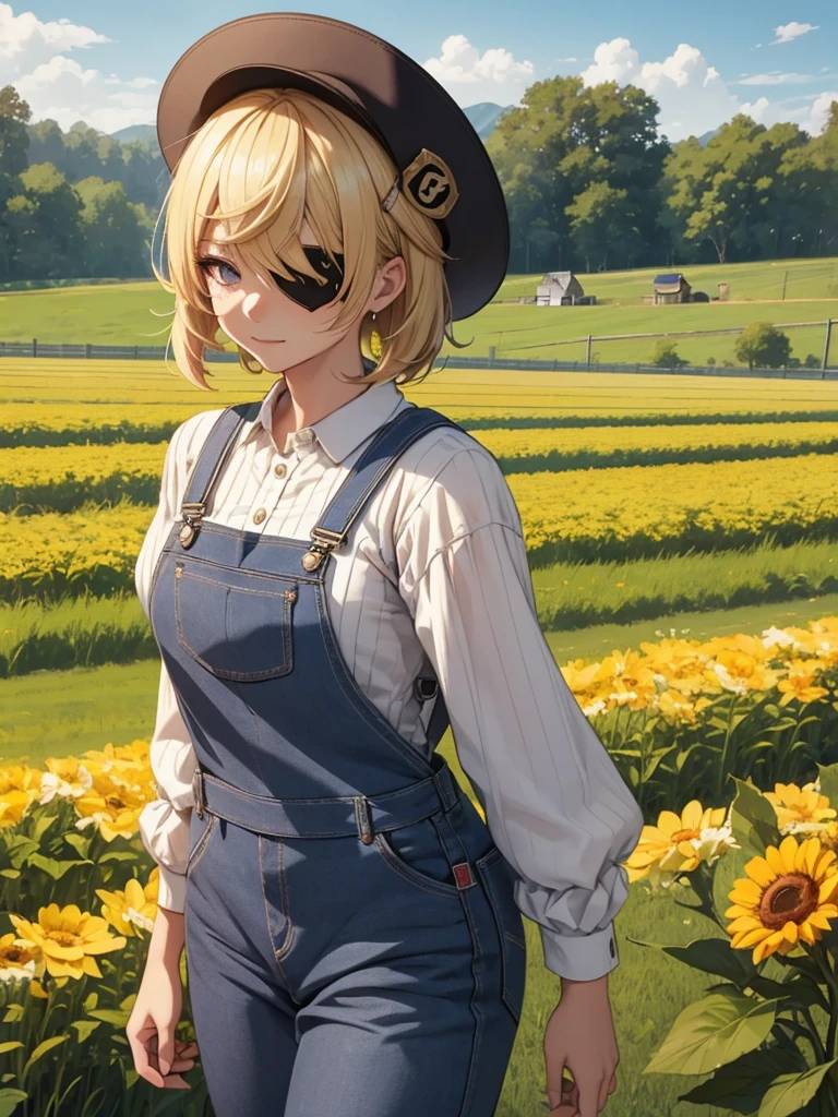 Fischl from Genshin impact game, 1woman, as a farm woman, wearing farm outfit with overalls and hat, at a farm, blonde hair style, one eye patch, 8k, high detailed, high quality, full body