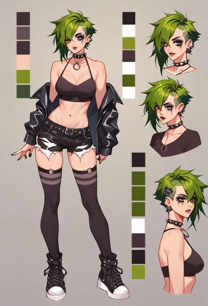 score_9, score_8_up, score_7_up, score_6_up, score_5_up, score_4_up, BREAK source_anime, 1girl, long green hair, goth makeup, peircings, emo, Creative design, full body, Reference sheet, Character sheet