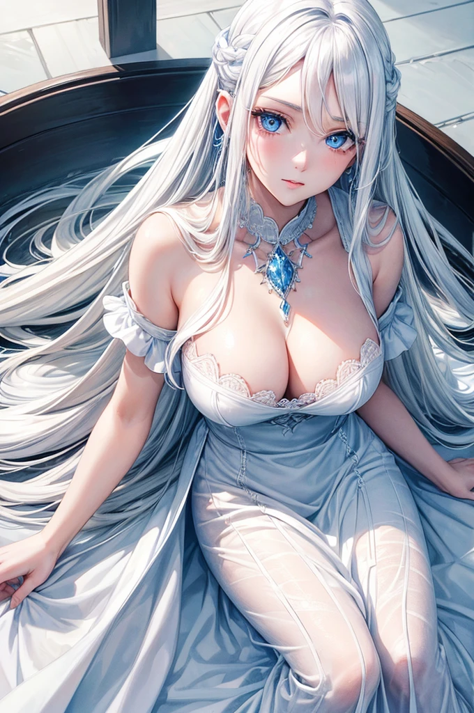 A beautiful woman with long white hair, gorgeous blue eyes, Ultra HD (ultra detail) looking at the viewer wearing a pretty white dress with a neckline, high resolution, soft focus, using magic