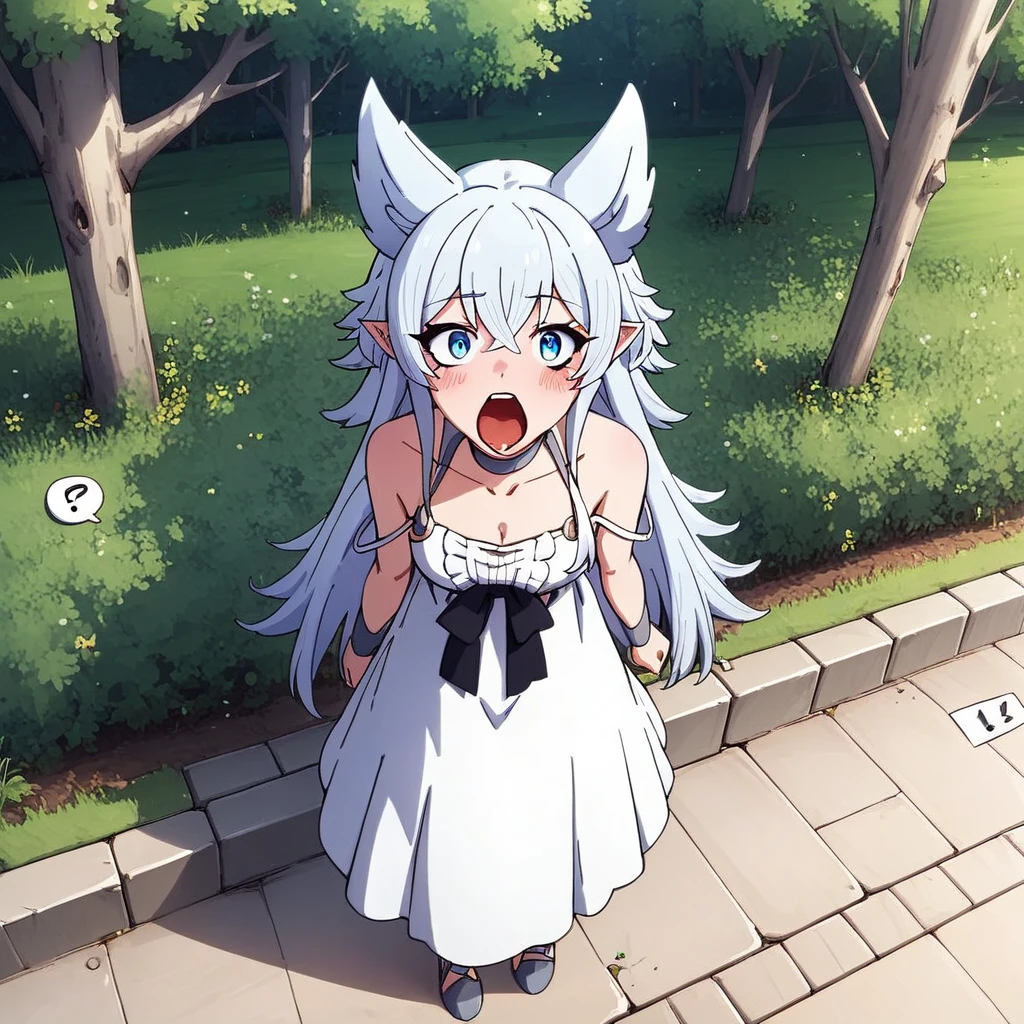 punctuation_4, punctuation_5, punctuation_6, punctuation_9, punctuation_8_High above, punctuation_7_High above, fountain_アニメ, 1 girl, ssmile, gaping mouth, ashen hair, pretty long hair, blue colored eyes, wolf's ears, pointy ears, choker, white gown, bared shoulders, black ribbon, neckleace, sliding tape, looking ahead at viewer, standing,  plein-air, tree, Fim do アニメ