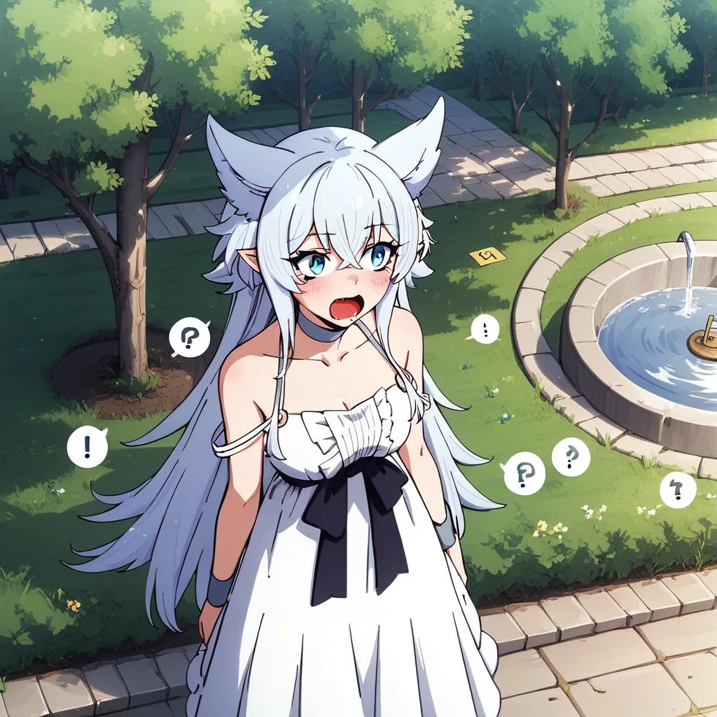 punctuation_4, punctuation_5, punctuation_6, punctuation_9, punctuation_8_High above, punctuation_7_High above, fountain_アニメ, 1 girl, ssmile, gaping mouth, ashen hair, pretty long hair, blue colored eyes, wolf's ears, pointy ears, choker, white gown, bared shoulders, black ribbon, neckleace, sliding tape, looking ahead at viewer, standing,  plein-air, tree, Fim do アニメ