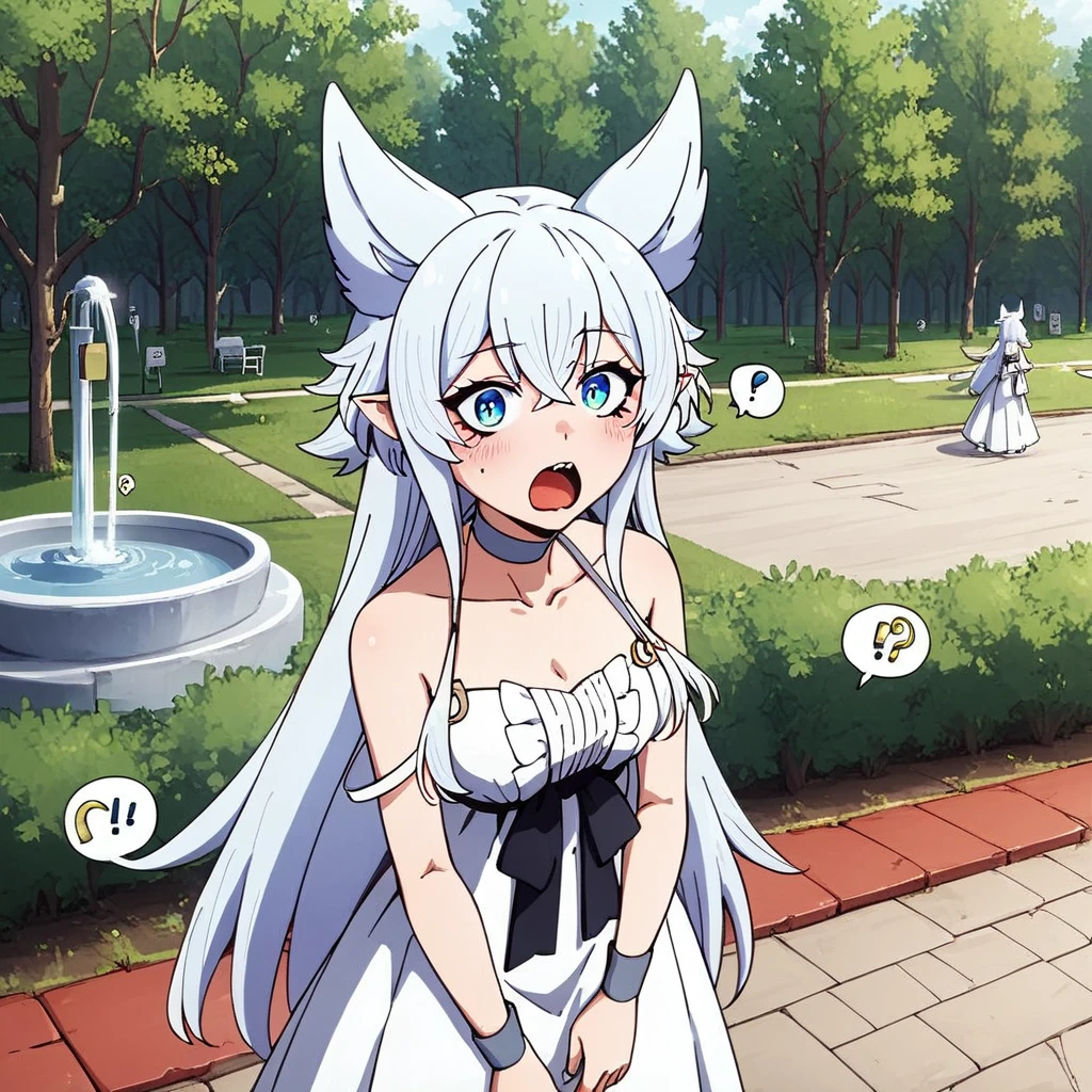 punctuation_4, punctuation_5, punctuation_6, punctuation_9, punctuation_8_High above, punctuation_7_High above, fountain_アニメ, 1 girl, ssmile, gaping mouth, ashen hair, pretty long hair, blue colored eyes, wolf's ears, pointy ears, choker, white gown, bared shoulders, black ribbon, neckleace, sliding tape, looking ahead at viewer, standing,  plein-air, tree, Fim do アニメ