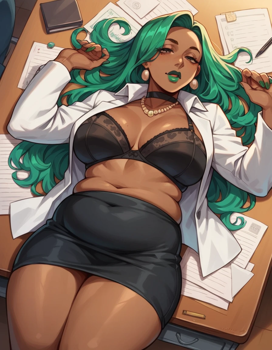 beautyfull woman, long green hair, long hair, african skin, green lipstick, black skirt, black bra, black chocker, white corporate suit, chubby, milf, mature, lying in a desk