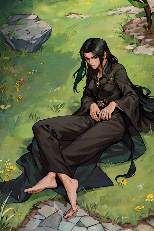 A guy with long black hair looks up at the sky with his green eyes