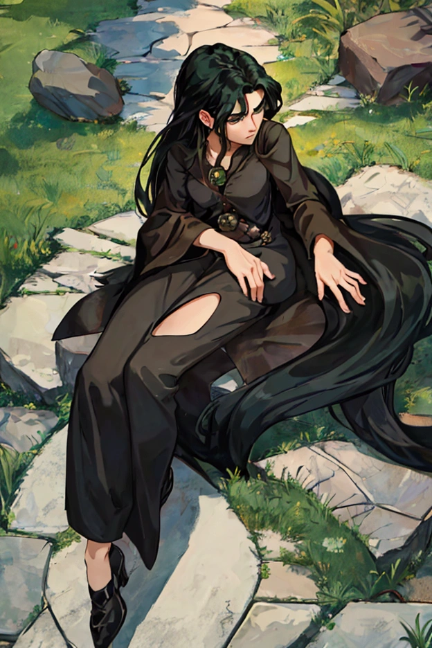 A guy with long black hair looks up at the sky with his green eyes