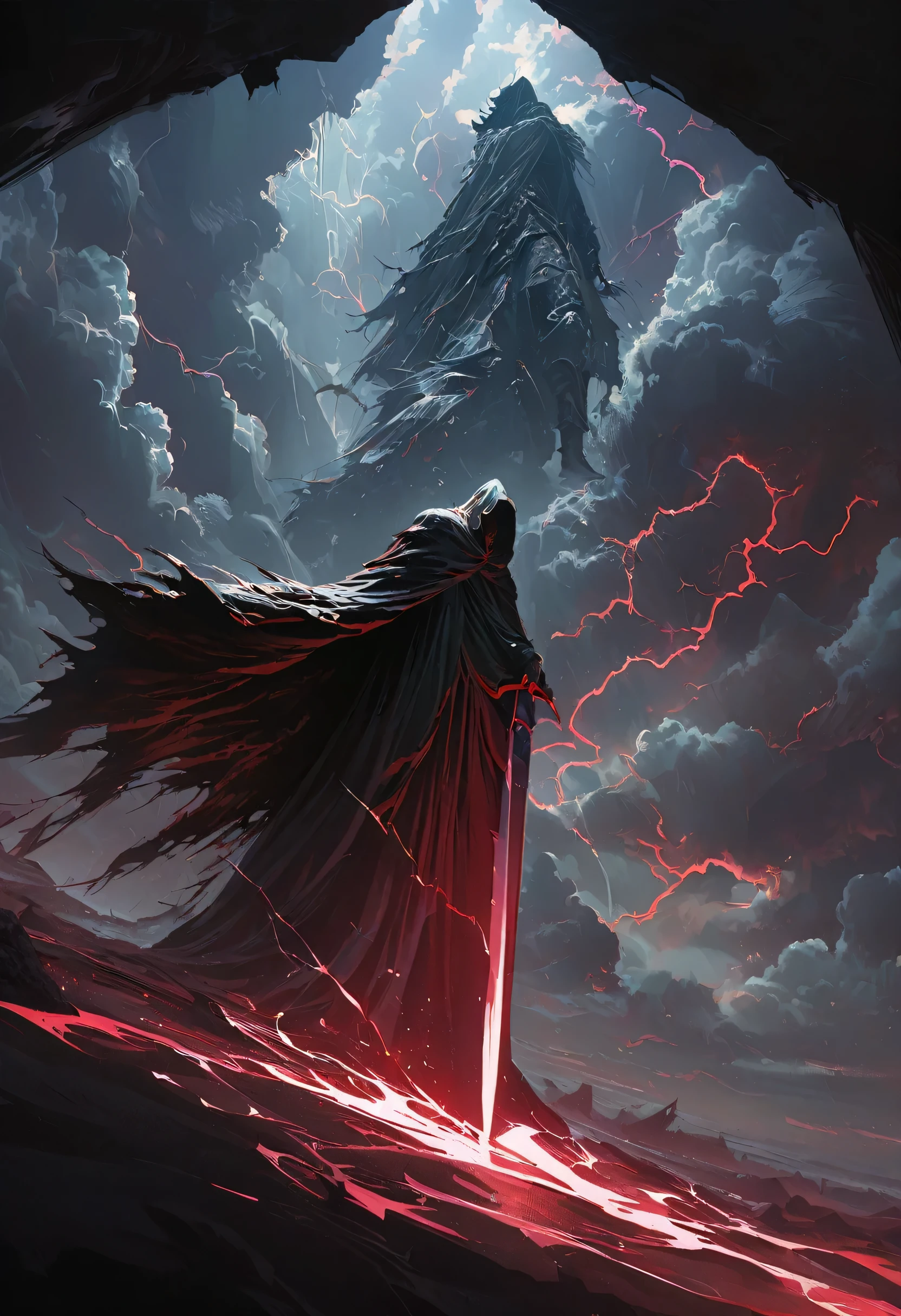 (masterpiece, best quality:1.2), Death in the Storm,cloak,Holding a long red knife,moonlight,heavily clouded,Thunder and lightning, Dark fantasy illustration style , Dark Arts, High contrast, Dark Shadows, Atmospheric perspective, Melancholic colors, Thin Film Component, Volumetric Lighting, number, Brushstrokes, Dramatic Lighting, Low angle shot, Surrealism, Very detailed, Surrealism