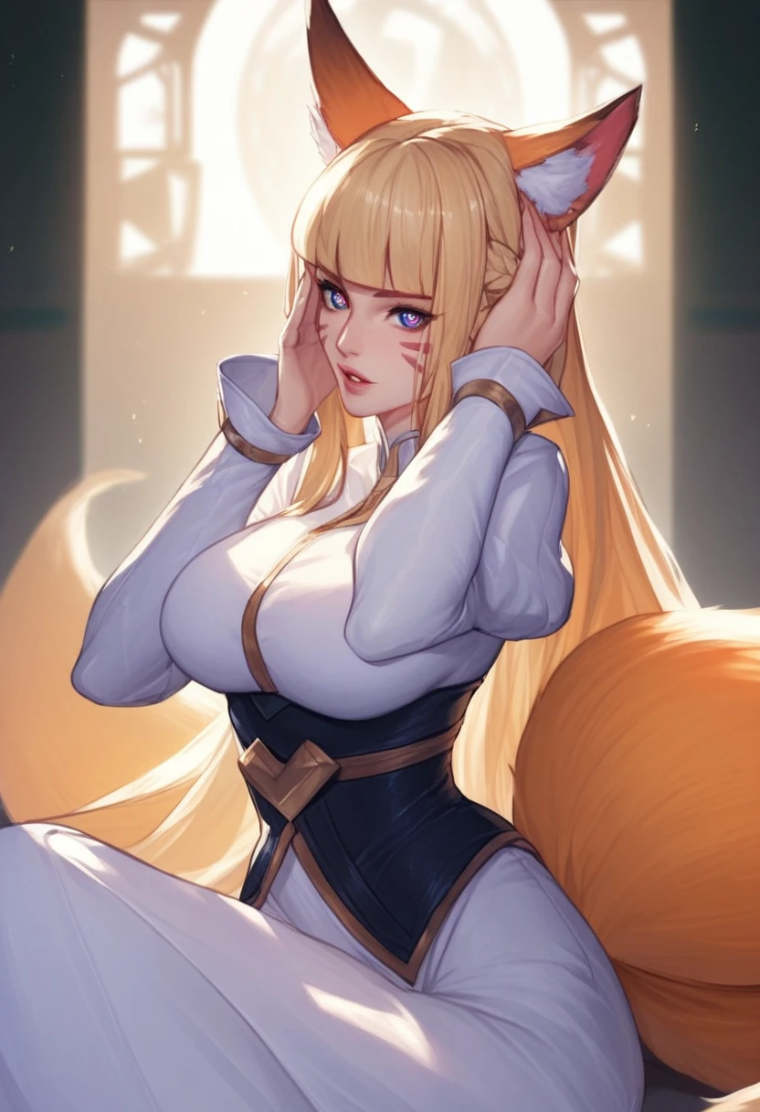 1 beautifull kitsune queen, hands behind, hairs covering ears,blonde hairs, french braid, hair hide ear, hime cut, very long hair, heart-shaped pupils, animal ears,european face, fox ears,"long orange fox ears with black tips", covering ears, kemonomimi mode,tail emanating(9 tails fox),huge tits, large hips,((fully clothed)),miku clothes, anatomically correct, traditional temple, facing viewer,action pose,solo,long hair,looking at viewer,blue eyes,large breasts,blonde hair,long sleeves,hair ornament,animal ears,sitting,parted lips,puffy sleeves,fox ears,facial mark,juliet sleeves,whisker markings,k/da \(league of legends\),sensitive,very aesthetic,absurdres,newest,masterpiece,score_9,score_8_up,score_7_up,score_6_up,score_5_up,score_4_up