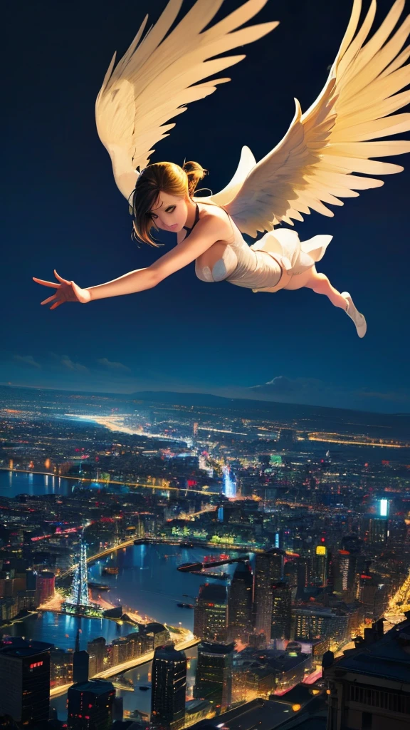 This image depicts an angel woman hovering over a city at night. The city lights create a golden and dramatic atmosphere, while its delicate presence and dark wings contrast with the urban environment. The woman seems protective and vigilant.