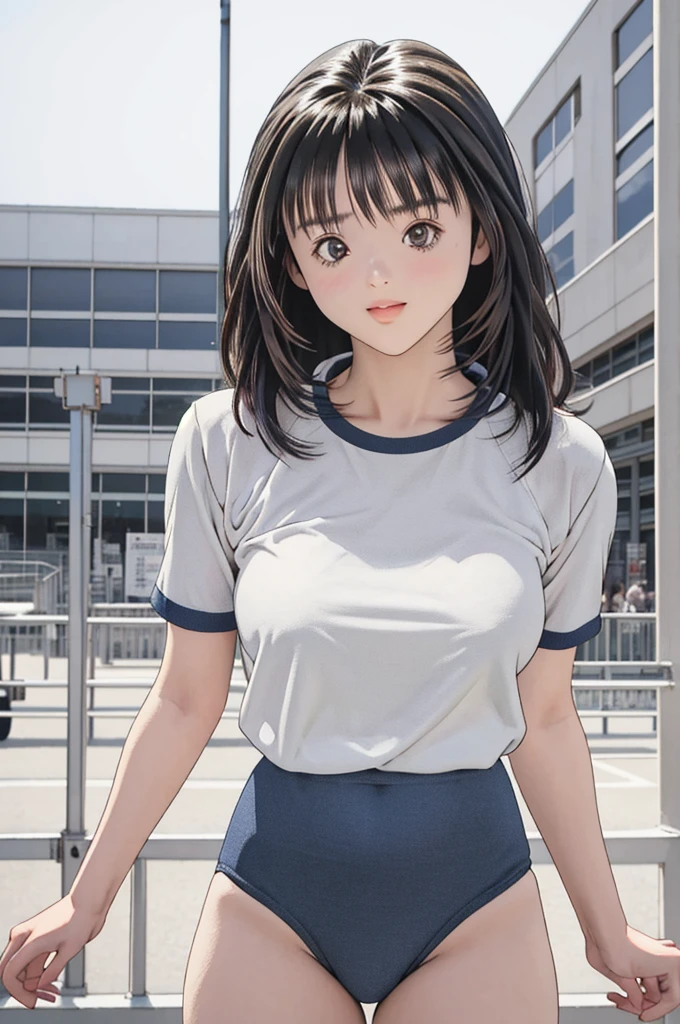 masterpiece, best quality, highres,Young and very cute17-year-old girl,Sexy pose,Unusually beautiful and large eyes,Thick eyelashes,Thick eyebrows,A well-balanced and toned body,yoshizuki_iori, buruma,gym uniform, standing, cowboy shot, outdoors,