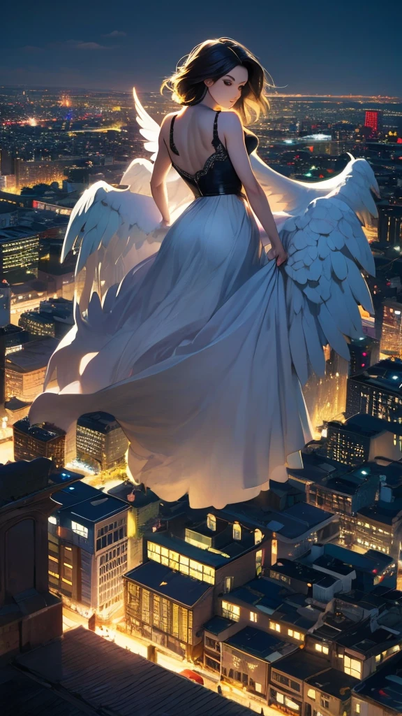 This image depicts an angel woman hovering over a city at night. The city lights create a golden and dramatic atmosphere, while its delicate presence and dark wings contrast with the urban environment. The woman seems protective and vigilant.