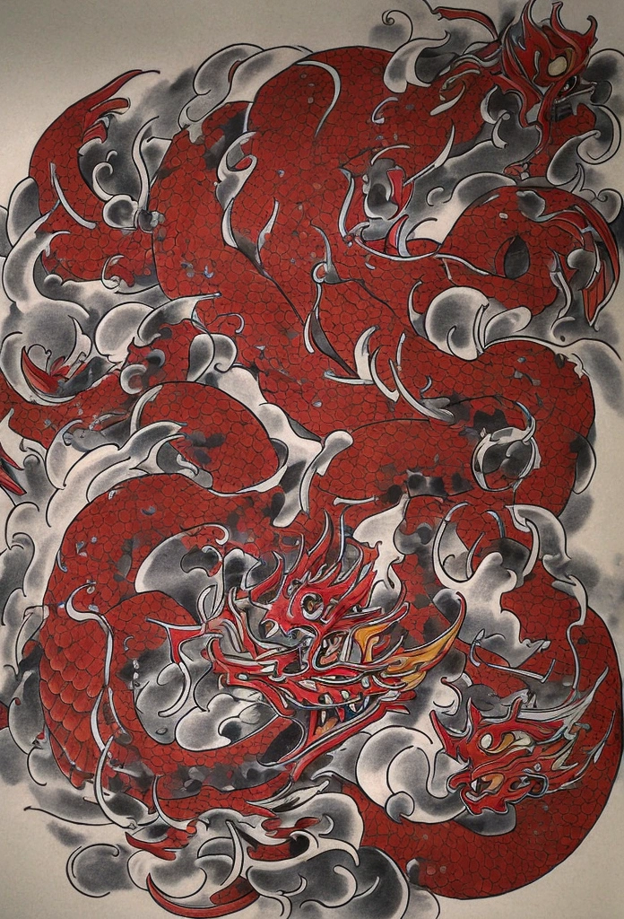 traditional style tattoo, Big dragon, Japanese dragon, red dragon