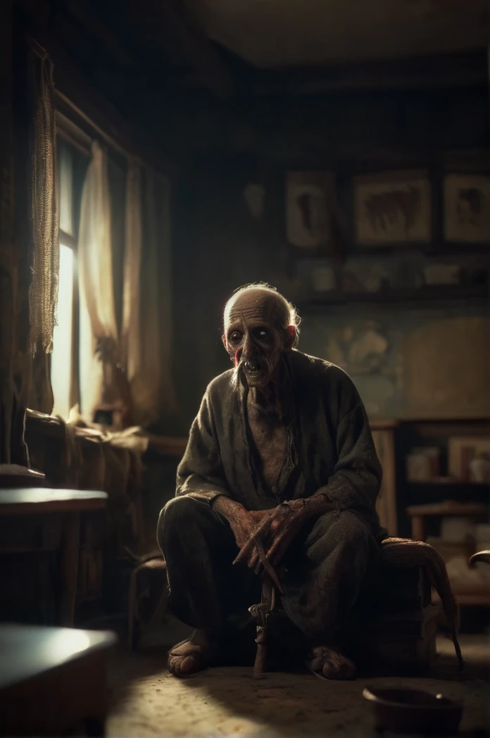 8k、Ultra HD、Horror-themed movie stills,Inside the Japanese-style room、Has a smoking pipe、profile、Sitting upright、Skinny old man、Shallow depth of field, Vignette, Very detailed, High budget, Bokeh, CinemaScope, Sulky, amazing, nice, Film Grain, granular . Creepy, Anxious, dark, Creepyな, Suspenseful, strict, Very detailed