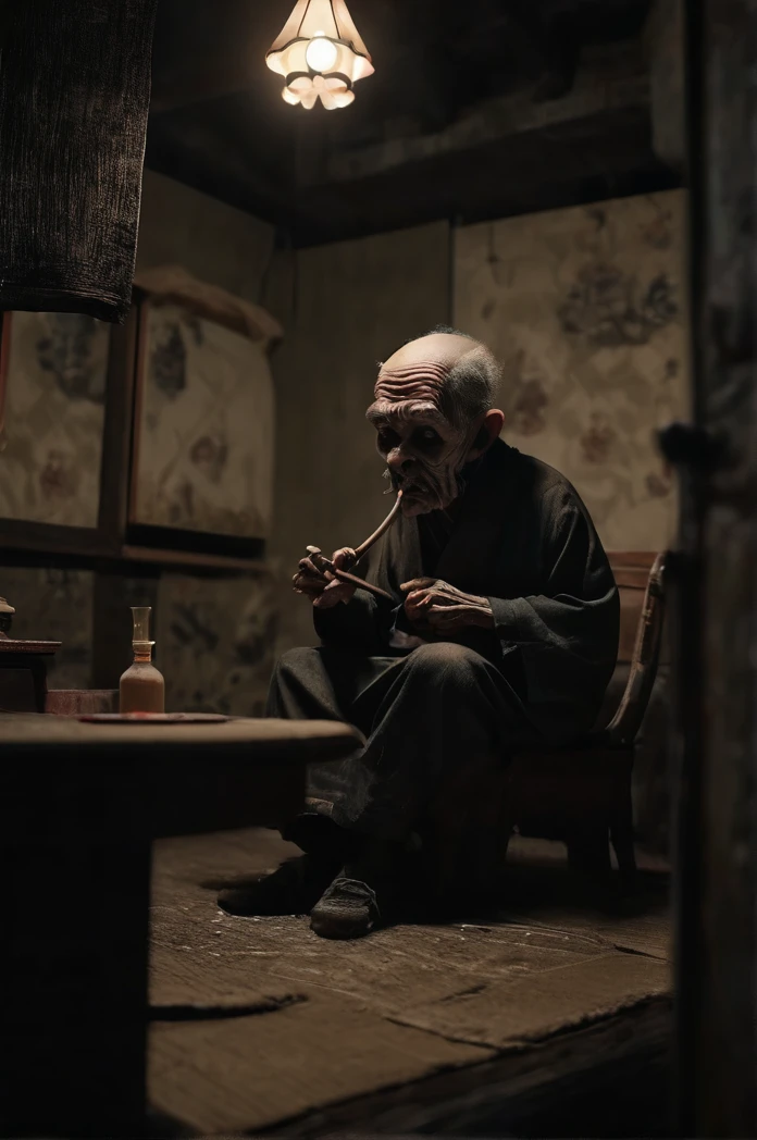 8k、Ultra HD、Horror-themed movie stills,Inside the Japanese-style room、Has a smoking pipe、profile、Sitting upright、Skinny old man、Shallow depth of field, Vignette, Very detailed, High budget, Bokeh, CinemaScope, Sulky, amazing, nice, Film Grain, granular . Creepy, Anxious, dark, Creepyな, Suspenseful, strict, Very detailed