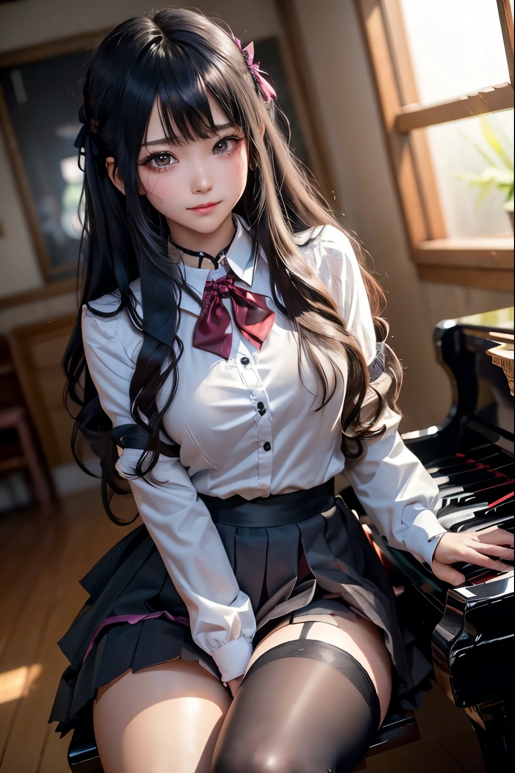 high school girlブレザー、high school girl、Red Check Skirt、JK Style、Jacket、smile、garter、Knee socks、Panty stocking、Otherworldly beauty、Extraordinarily cute、boredom、unusual beauty、Black dark eyeshadow、Sadness、Good skin glow、Long Hair Straight Hair、Dark Gothic Makeup、Dark smile、Beautiful woman、Stained Glass Background、On the table、Best Quality、5 reference books、Sweat glistens on my chest、Sweat glistens on my face、Thigh sweat、sweating、Black frills East size Regular size、Dark pink hair、Age 22 years old、Sweat sticks to my thighy thighs sweat a lot and get sticky.、Thighs are sticky and shiny、Sweating on thighs and chest、Chest size: S、Slightly slim、全身sweating、play piano、sit and play an instrument、The legs are thin、