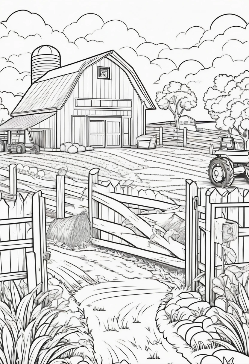 coloring page for kids, Overall view of the farm, cartoon style, thick lines