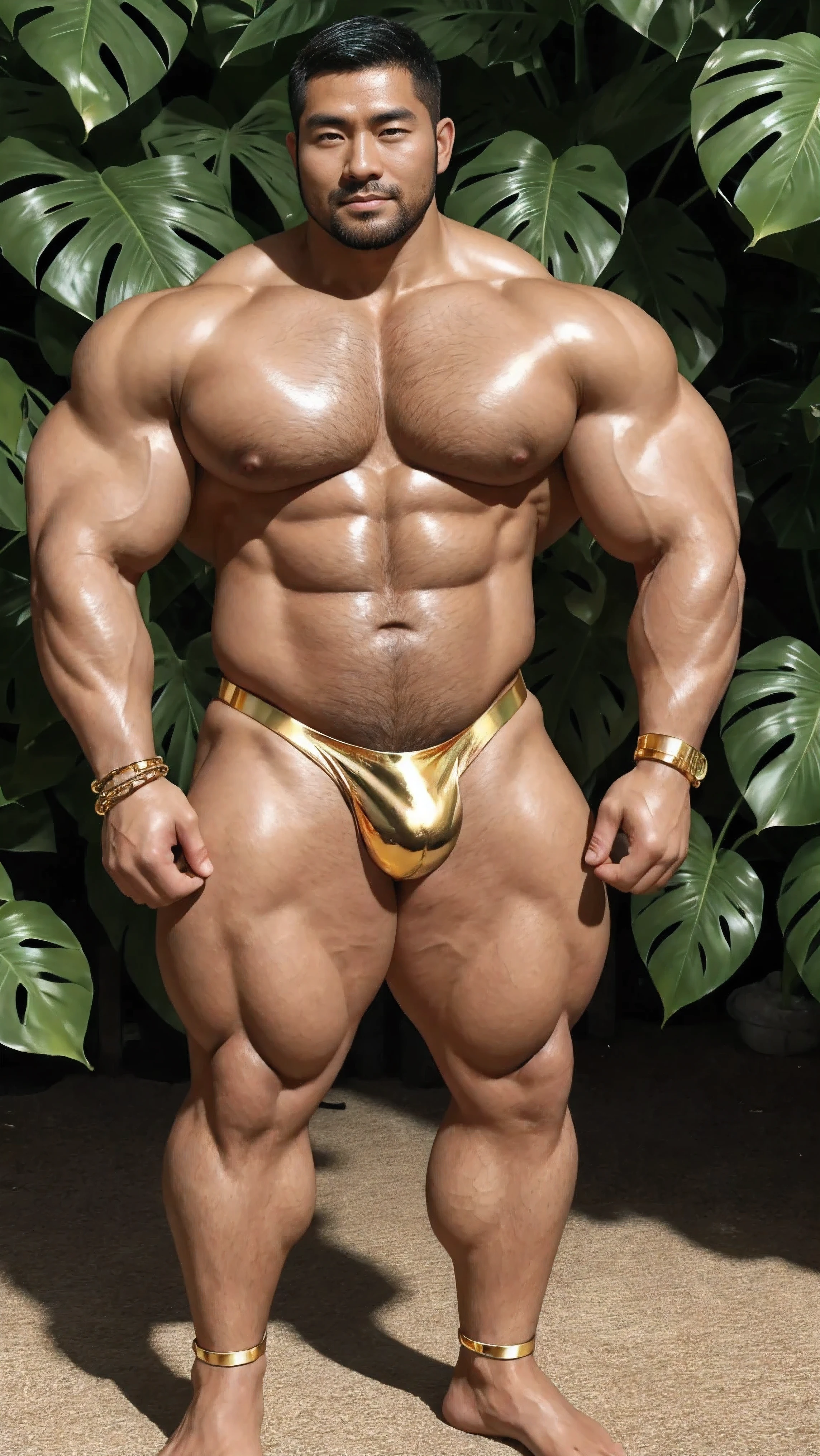 There is only one handsome Chinese man in the photo,35 years old,tall, Fitness,Smooth body,Smooth skin,No chest hair,short hair, O-Shaped Beard,Perfect body, Dark skin color,Radiant Skin,Smooth skin,Shiny, shiny skin,Smooth pectoral muscles,Muscle bulge, muscular, Very large pectoral muscles,Very sexy abdominal muscles,Very well-developed leg muscles,Huge concave and convex area,Brightens oily skin,Wearing a shiny gold leather thong,Handsome face,Normal human toes,Correct and accurate male body proportions,Gold Collar,Gold bracelet,Gold anklets,Standing in front of Monstera leaves。