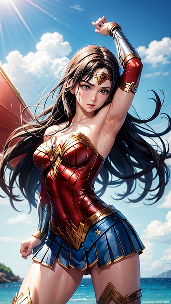 Wonder woman wet body、showing armpits and pussy half naked.