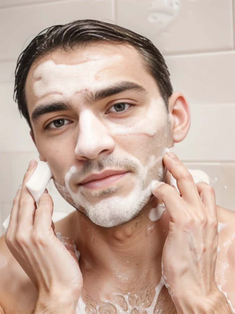 a man washing his face, soap foam on face, male skincare routine, realistic, 8k, high quality, detailed, photorealistic, studio lighting, highly detailed skin texture, pores, facial hair, water droplets, steam, bathroom interior, minimalist decor, warm lighting, natural skin tones, clean, fresh, serene, calming