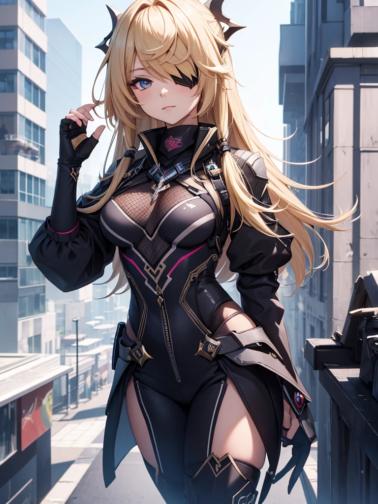 Fischl from Genshin impact game, 1girl, wearing a futuristic outfit, at a future city, blonde hair, one eye patch, 8k, high detailed, high quality, full body