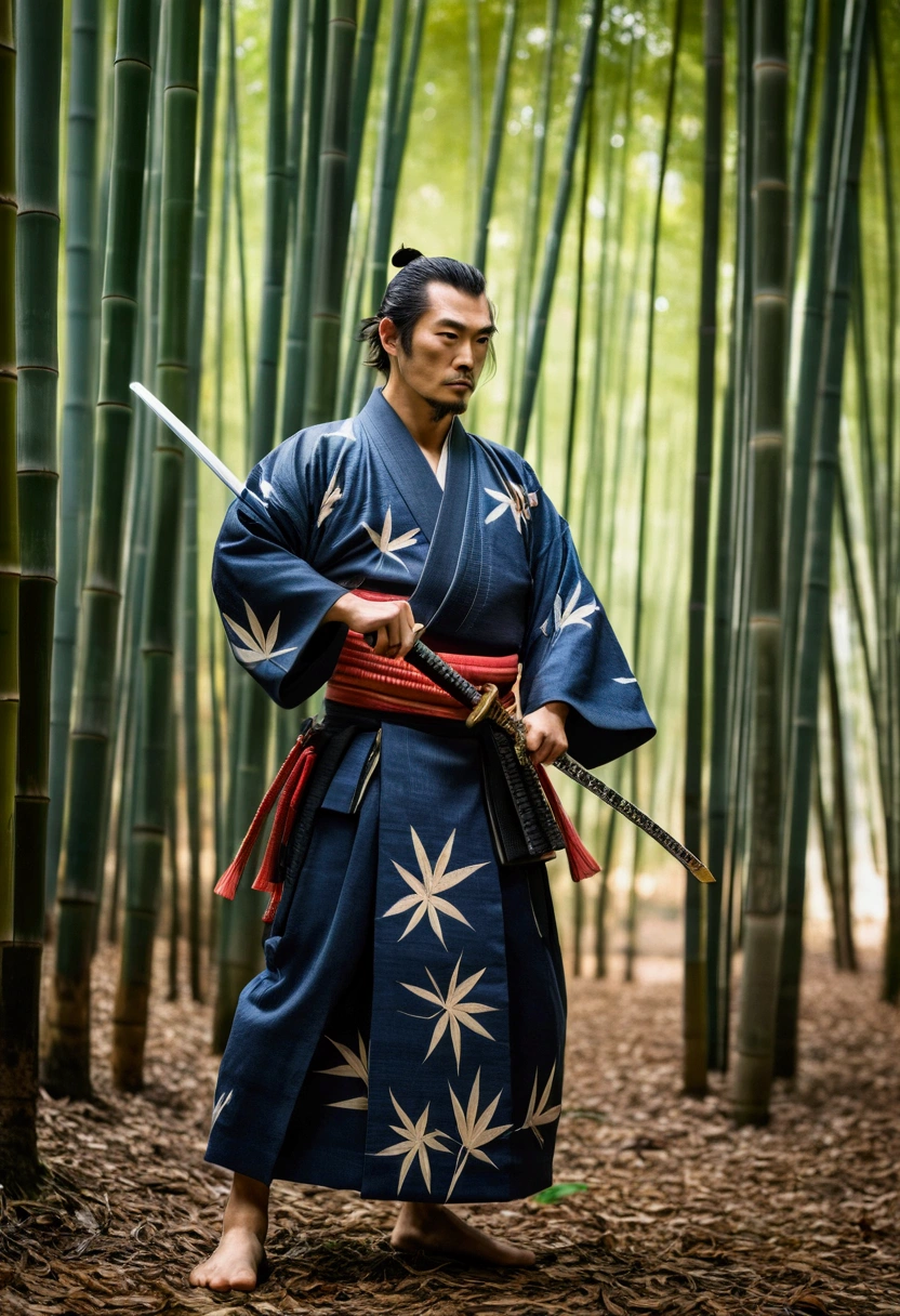 Raw photograph of a samurai, standing in fighting stance, with a sword drawn in his hands, prepared for battle, in full samurai costume (kimono) (wind in a bamboo forest), (the wind lifted the leaves), a cut on his shoulder ( high skin detail: 1.2), 8k hd, reflex camera, Soft lighting, high quality, film grain, Fujifilm XT3