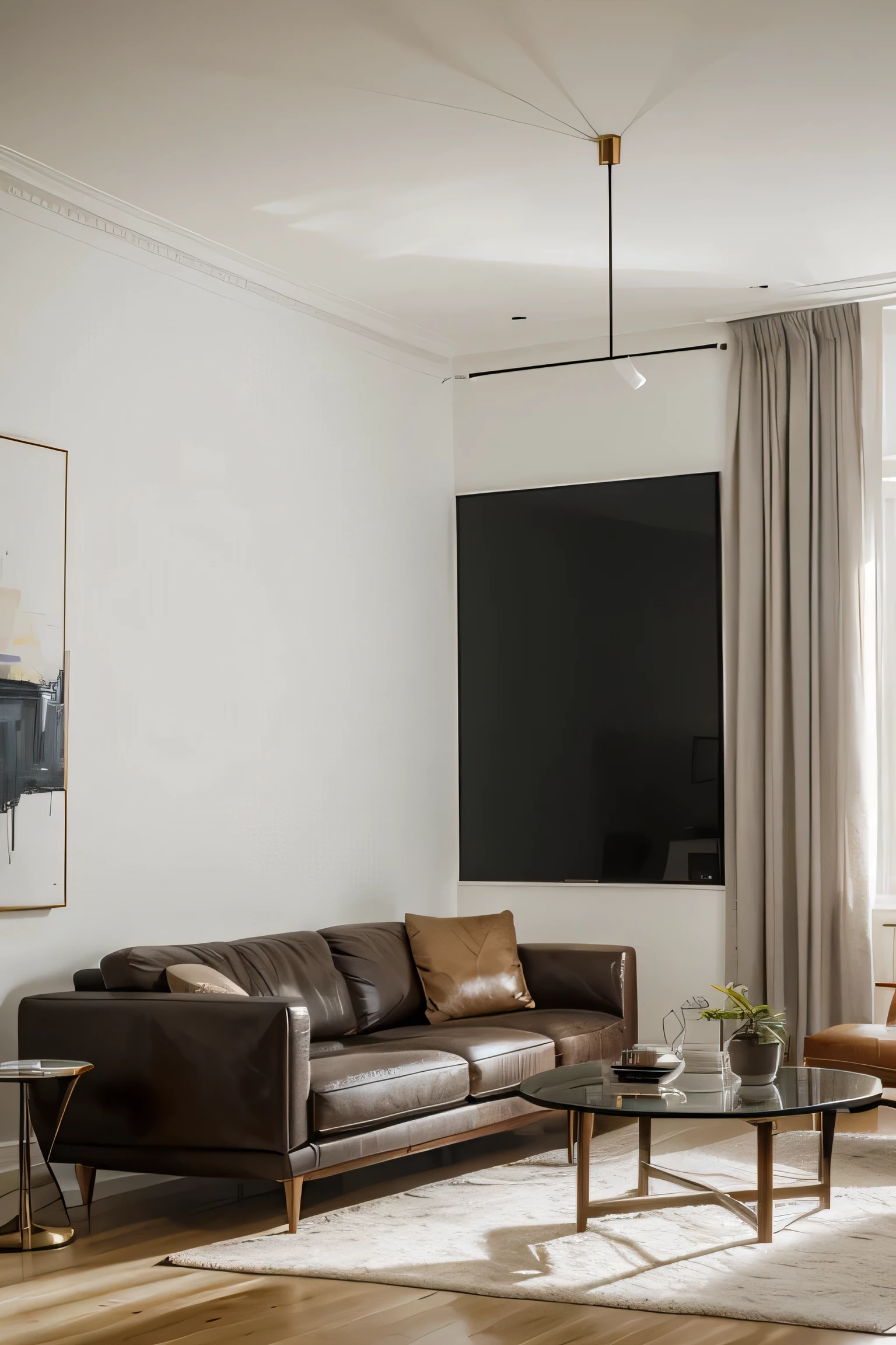 make a modern elite room with furniture. living room. middle of the day. good lighting. realistic. big painting in the middle. vertical painting. minimalistic room.