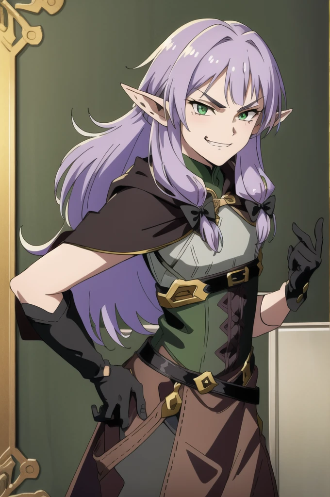 (masterpiece, best quality), intricate details,
1boy, solo,1boy, elf, pointy ears,purple hair, long hair, sidelocks, hair bow, green eyes, small breasts, cloak, black gloves,
barbie mugshot, holding sign, smug, smirk,