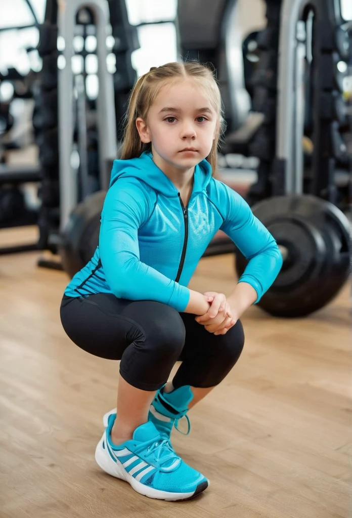 cute 9 year old girl in tight sports suit, in a gym and squatting