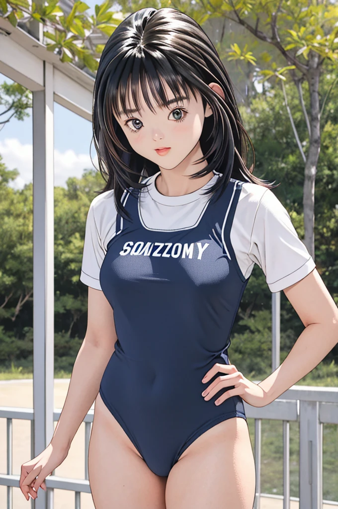 masterpiece, best quality, highres,Young and very cute17-year-old girl,Sexy pose,Unusually beautiful and large eyes,Thick eyelashes,Thick eyebrows,A well-balanced and toned body,yoshizuki_iori, buruma,gym uniform, standing, cowboy shot, outdoors,
