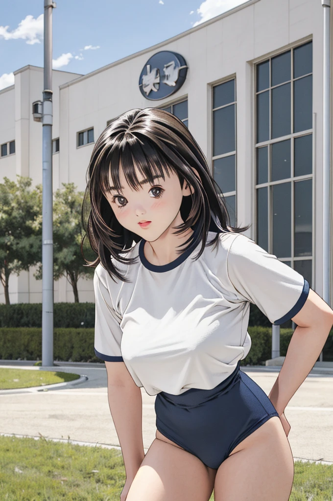masterpiece, best quality, highres,Young and very cute17-year-old girl,Sexy pose,Unusually beautiful and large eyes,Thick eyelashes,Thick eyebrows,A well-balanced and toned body,yoshizuki_iori, buruma,gym uniform, standing, cowboy shot, outdoors,