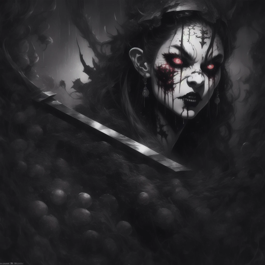 In Anime-art style, pixiv, masterpiece, 1 girl, (Close-up:1.1),Very Close to the Viewer( only half of the face is visible), soft lighting, Bloody sky, bloody environment, bloody rain, dark silhouettes, красный blood vibe, red vibe настроение, red like your blood, vampire life, Gothic, mysterious facial expressions, tattoos, aesthetics, rings and finger rings, web, head covered with dark cloth, Vampirism, на заднем фоне dark silhouettes, the character is closer to the viewer, видно только one eye, Focus on the character, Close-up, symbolism, a ritual, mirrors and paintings in the background, reflections, on the avatar, Dark art style, Blood runs down his face, portrait, leader, leads the concept, silhouettes behind, chaos, the weather is terrible, someone is spectating on her, DALLE, Close-up больших демонических глаз, сложные eyes, Unique Demon Ghouls, These images feature a dark, anime-style warrior with intricate tattoos and glowing red eyes, holding a blood-stained katana. The background includes a moonlit scene with shadowy samurai figures and a mysterious reaper, balanced to give equal focus to both the warrior and the background elements, creating a masterpiece, Digital art, city on the skyline, dark lighting, permission 1:1, blond hair, kimono, katana, Shanghai, nails painted black, in detail, moon and shadows, eyes, в eyesх отражение битвы, mysticism in the background, split personality, в eyesх готовится к битве, необычные eyes, scene, add more details, dark, fingers are proportional, serious look, holding a katana in his hands, only half of the face is visible, dystopia, night lighting, motion blur, красная и кровавая aesthetics, one eye, Close-up