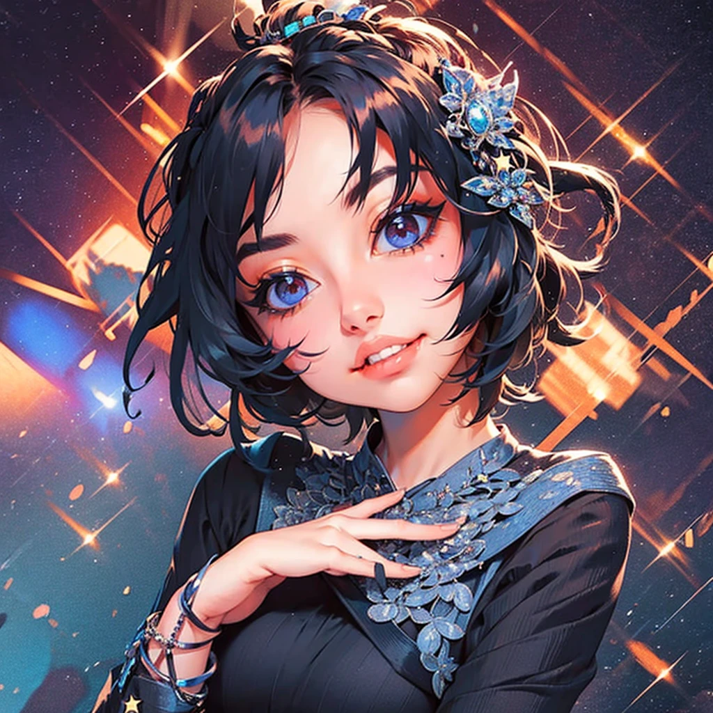 1girl, solo, best quality, masterpiece , Ruby Hoshino, hair ornament, sparking eyes, star on eye, (star on right eye:1), (dress:1.4), (concert1), on the stage,