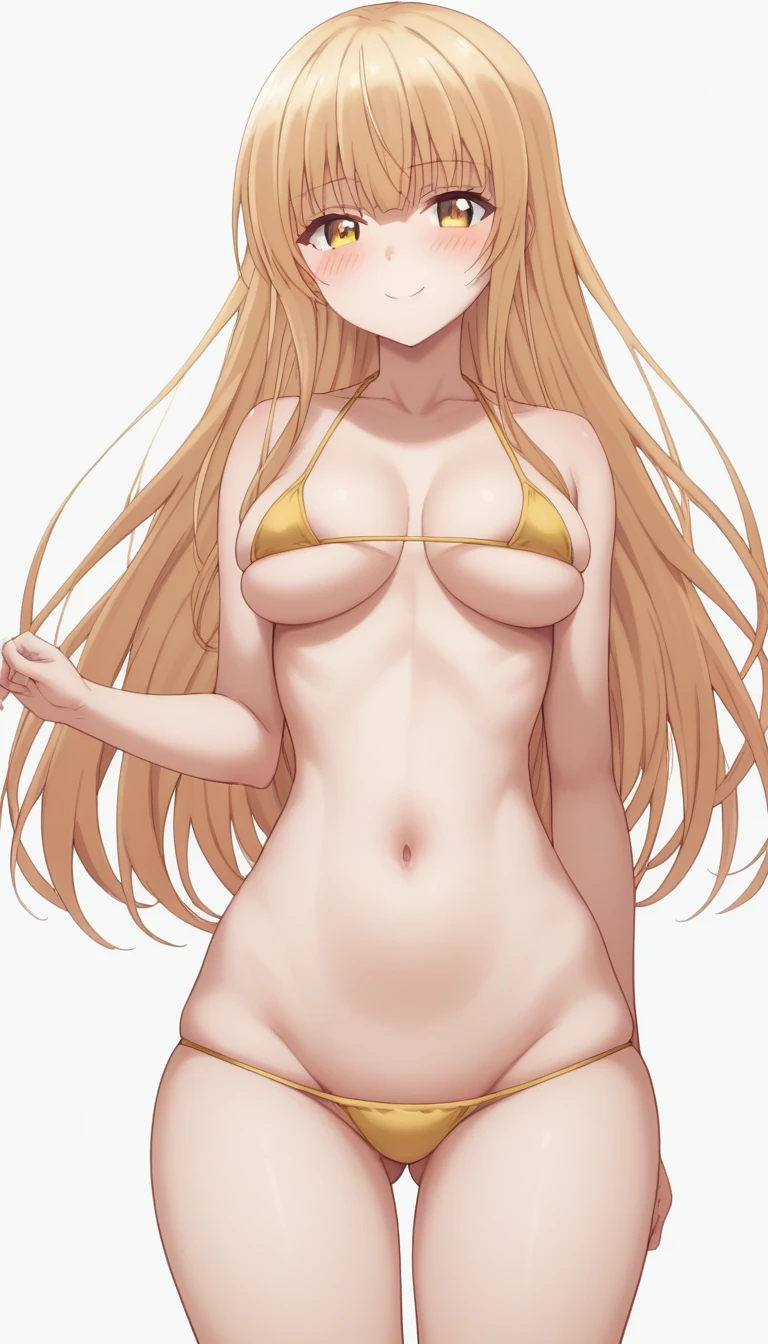 score_9, score_8_up, score_7_up, rating_explicit, 1girl, solo, MahiruShiina, otonari no tenshi-sama ni itsu no mani ka dame ningen ni sarete ita ken, shiina mahiru \(otonari no tenshi-sama\), yellow eyes, blonde hair, long hair, straight hair, medium breasts, bikini, micro bikini, yellow bikini, skindentation, collarbone, navel, bare arms, bare legs, cleavage, underboob, ass visible through thighs, thigh gap, contrapposto, looking at viewer, simple background, white background, blush, seductive smile
