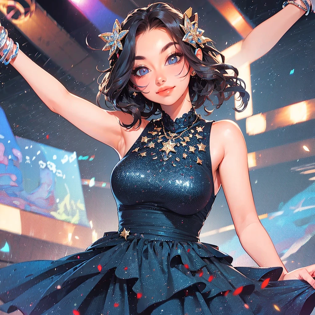 1girl, solo, best quality, masterpiece , Ruby Hoshino,  hair ornament, sparking eyes, star on eye, (star on right eye:1), (dress:1.4), (concert1), on the stage,