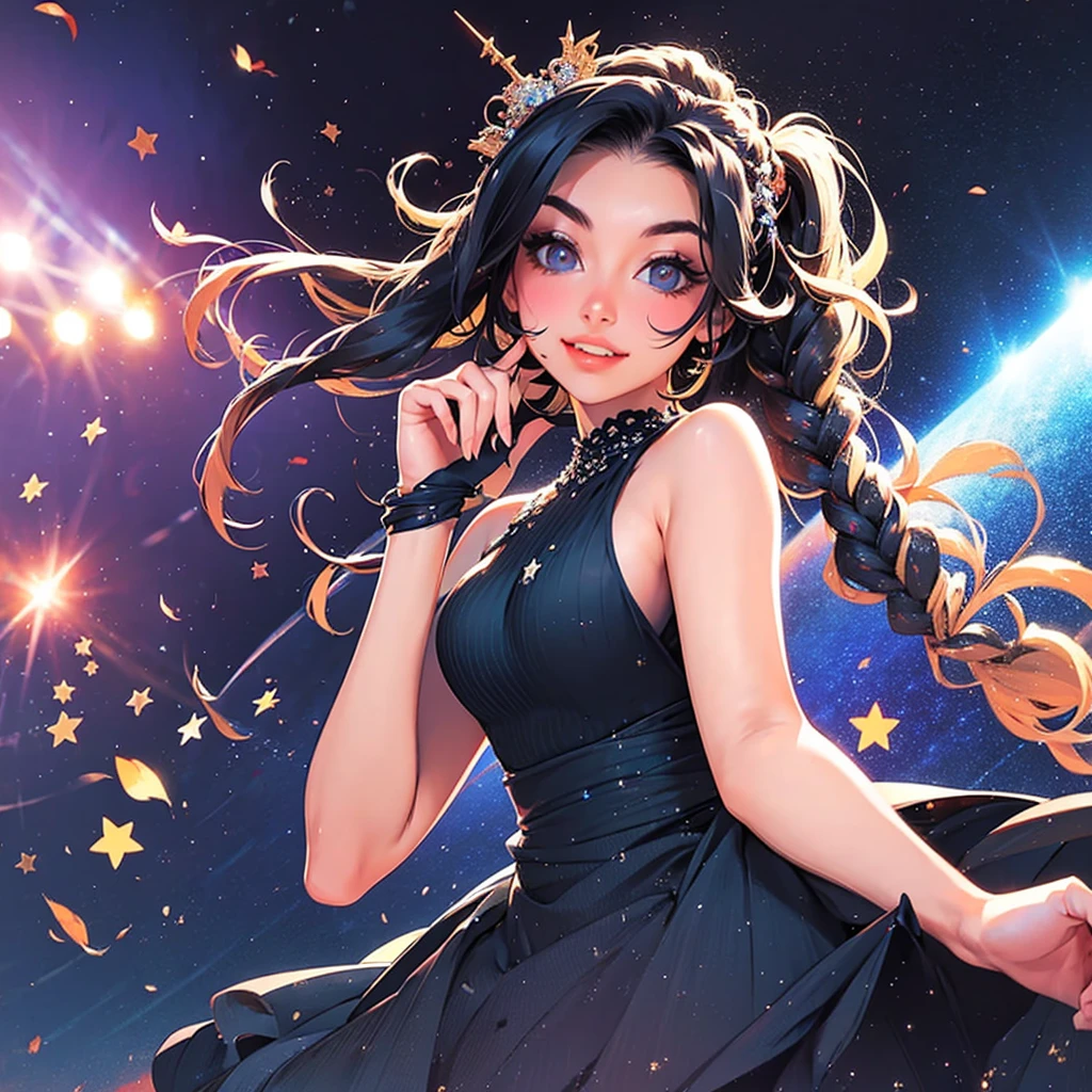 1girl, solo, best quality, masterpiece , Ruby Hoshino,  hair ornament, sparking eyes, star on eye, (star on right eye:1), (dress:1.4), (concert1), on the stage,