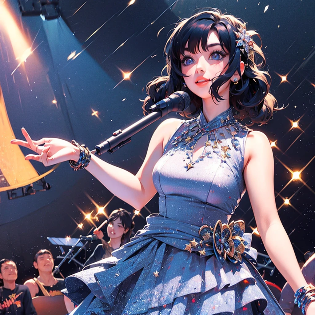 1girl, solo, best quality, masterpiece , Ruby Hoshino, hair ornament, sparking eyes, star on eye, (star on right eye:1), (dress:1.4), (concert1), on the stage,