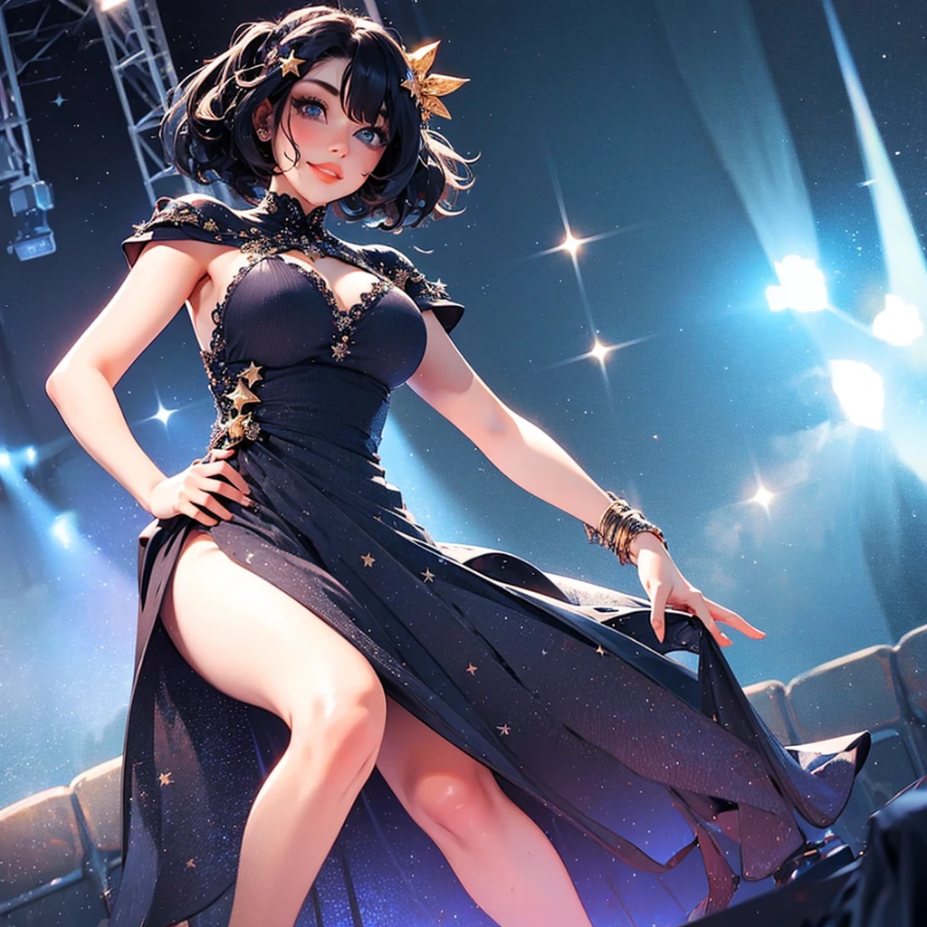 1girl, solo, best quality, masterpiece , Ruby Hoshino,  hair ornament, sparking eyes, star on eye, (star on right eye:1), (dress:1.4), (concert1), on the stage,