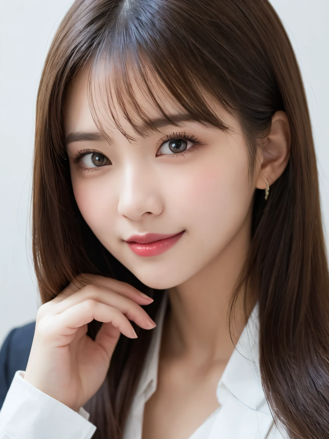 bust up photo, Shows everything from the top of the head to the bust, looks happy, highest quality, shape, Super detailed, finely, High resolution, 8k wallpaper, Perfect dynamic shape, beautiful and detailed eyes, D cup, natural color lip,smile、20 year old girl, Beautiful and dense face、perfect and beautiful face,Big eyes、real photos(best image quality), business shirt (off white)、looking at camera、Please stand、Do gal makeup, white background