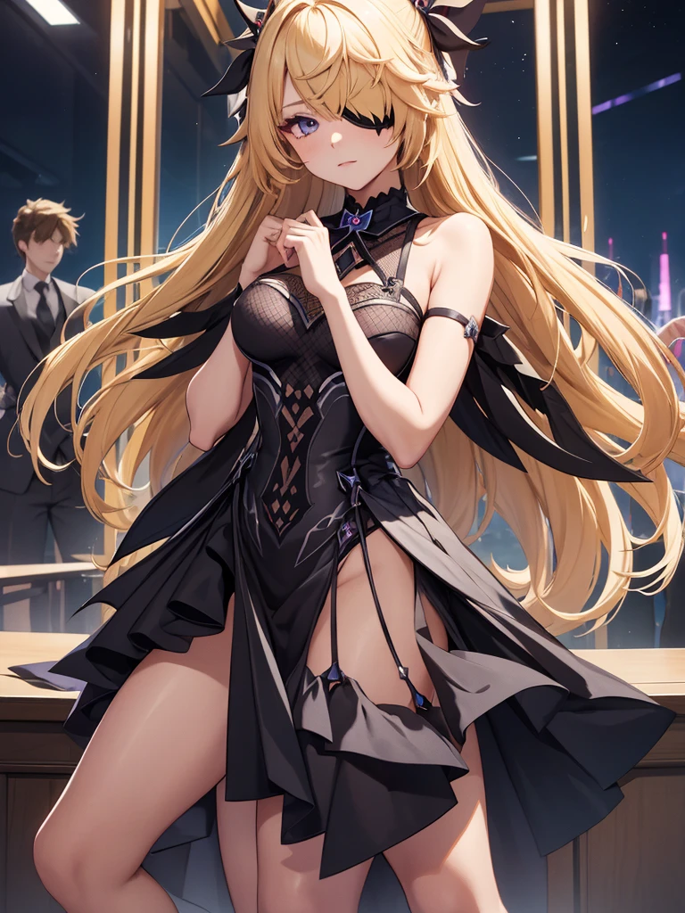 Fischl from Genshin impact game, 1girl, wearing a black colour stylish party frock, at a night party, blonde hair, one eye patch, 8k, high detailed, high quality, full body